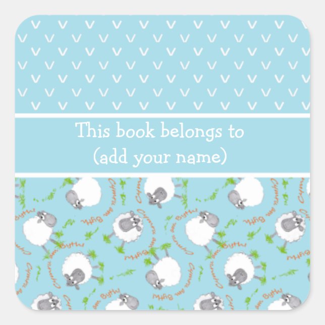 Fun Blue and White Bookplates with Comic Sheep Square Sticker (Front)
