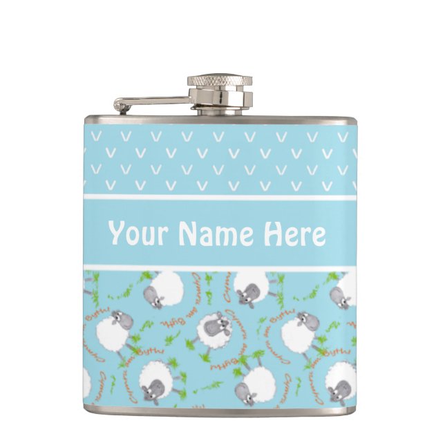 Fun Blue and White Custom Hip Flask, Comic Sheep Hip Flask (Front)