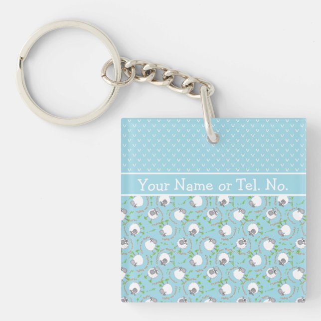 Fun Blue and White Custom Keychain, Comic Sheep Key Ring (Front)