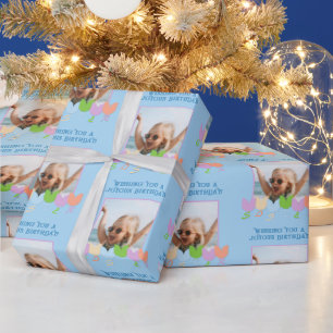 Fun Blue Birthday Personalised Photo Tulip Flowers Wrapping Paper