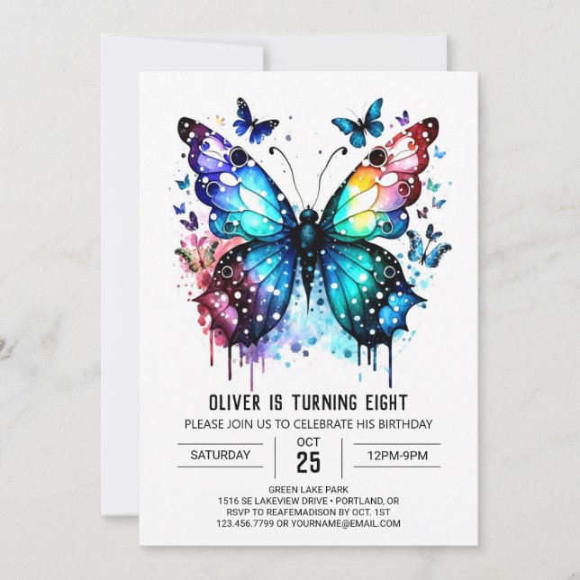Fun Blue Butterfly Boy Birthday Invitation (Front)