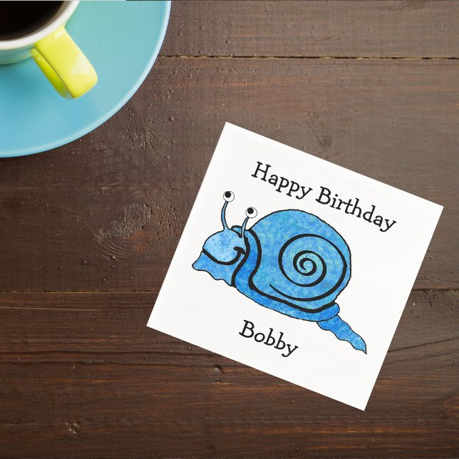Fun blue Cartoon Birthday Smiling Snail Napkin (Smiling cute cartoon blue snail on white Happy Birthday napkins.)