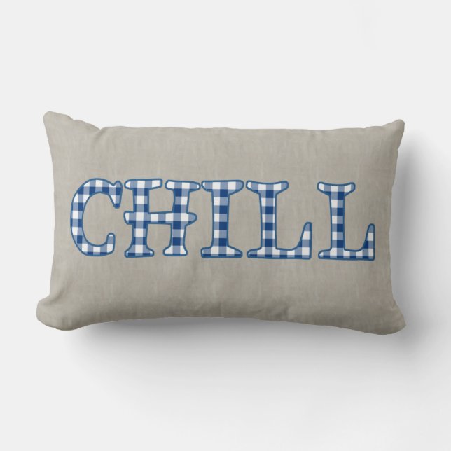 Fun Blue Check Faux Applique Text Design Chill Lumbar Cushion (Front)