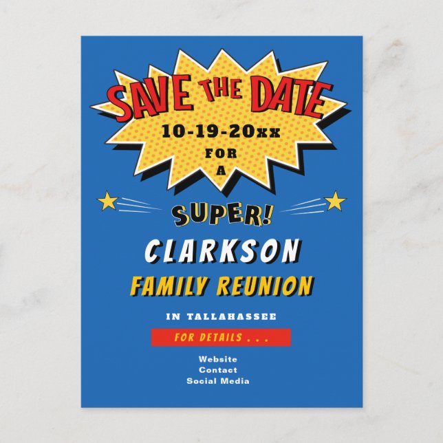 Fun Blue Comic Super Family Reunion Save the Date Invitation Postcard (Front)