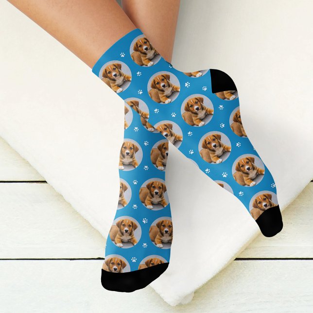 Fun Blue Custom Dog Photo Paw Print Socks (Creator Uploaded)