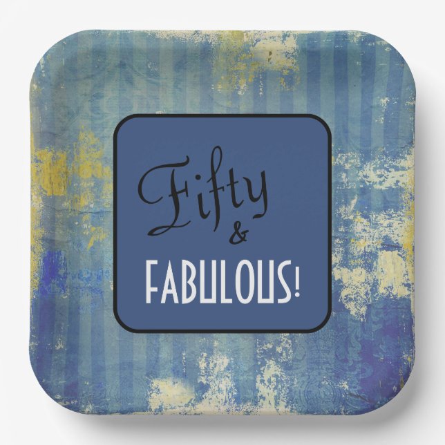 Fun Blue Denim Pattern Fifty & FABULOUS! Birthday Paper Plate (Front)