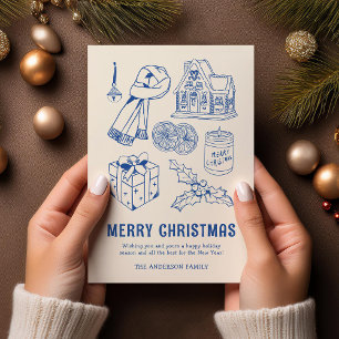 Fun Blue Doodle Non-Photo Christmas Holiday Card