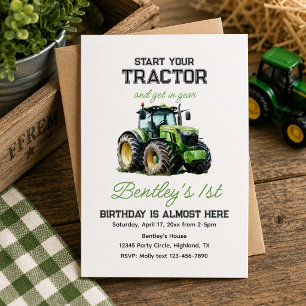 Fun Blue Farm Green Tractor 1st Birthday Party Invitation
