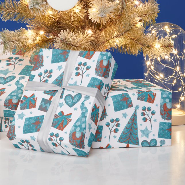 Fun Blue Festive Gonks Christmas Themed Parcel  Wrapping Paper (Holidays)