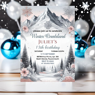 fun blue girl snow Winter Onederland 13th birthday Invitation