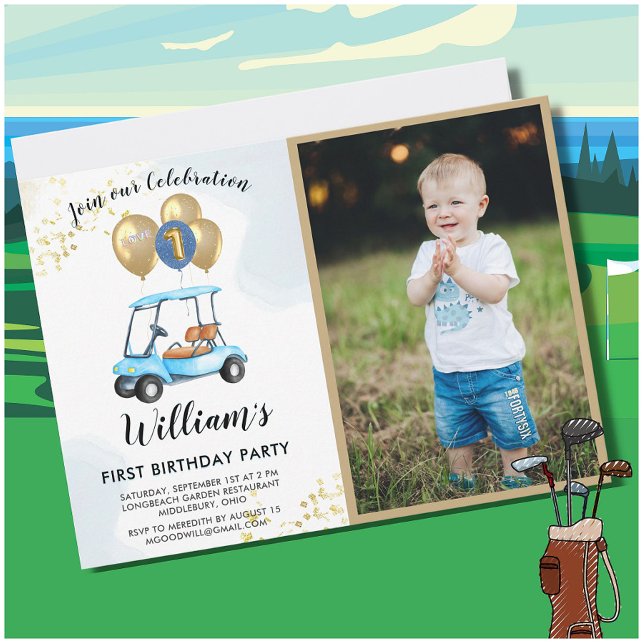Fun Blue Golf Cart Photo First Birthday Boy Invitation (Creator Uploaded)