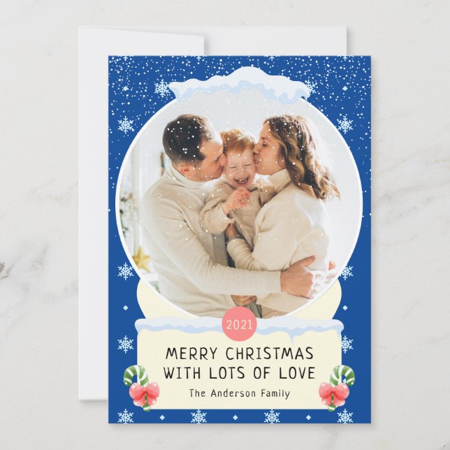 Fun Blue Merry Christmas Snow Globe Photo Card (Front)
