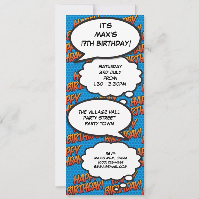 Fun Blue Modern Birthday Party Comic Book Invitation (Front)
