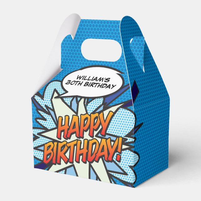 Fun Blue Modern Trendy Comic Book Any Age Birthday Favour Box (Front Side)
