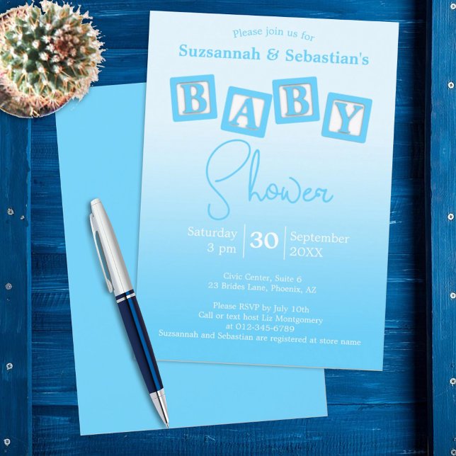 Fun Blue Ombre BABY Boy Blocks Shower Invitation (Creator Uploaded)