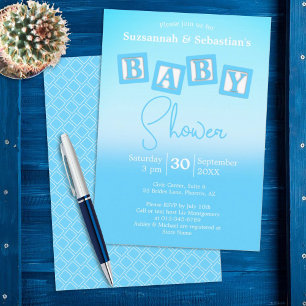 Fun Blue Ombre BABY Boy Blocks Shower Invitation