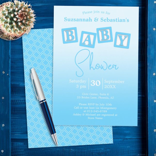 Fun Blue Ombre BABY Boy Blocks Shower Invitation (Creator Uploaded)