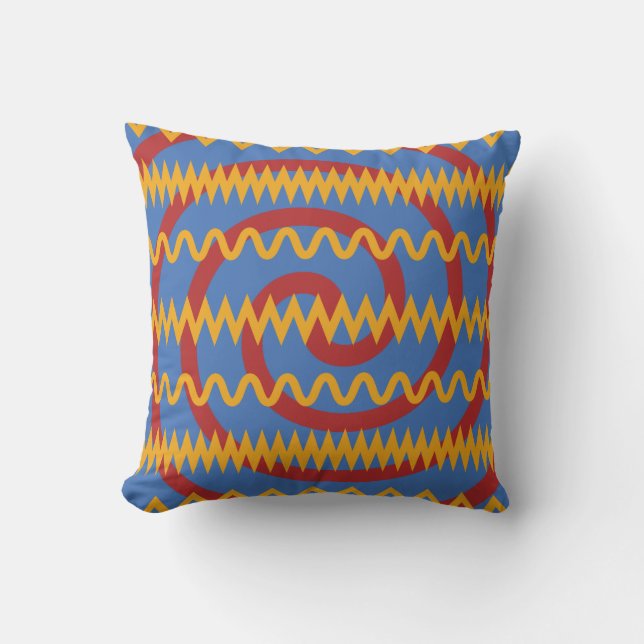 Fun Blue Orange Swirls and Chevron Zigzags Pattern Cushion (Front)