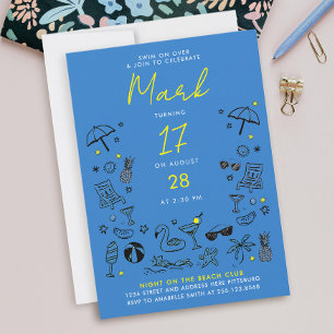 Fun Blue Pool Night Party Cocktail Scribble Doodle Invitation