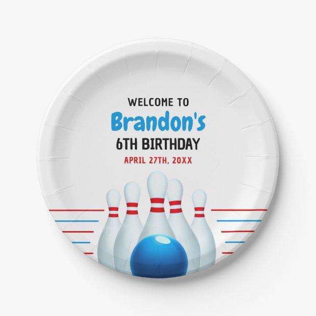 Fun Blue & Red Bowling Kids 6th Birthday Paper Plate (Front)
