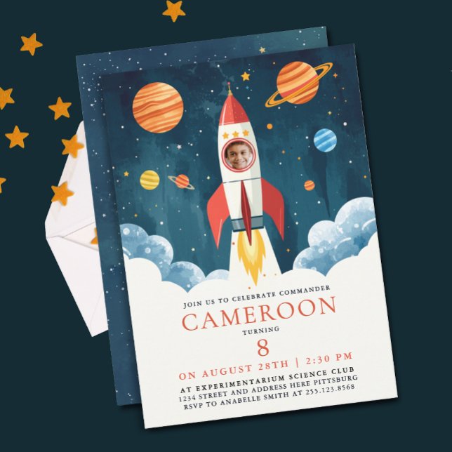 Fun Blue Red Rocket Astronaut Galaxy Space Photo  Invitation (Creator Uploaded)