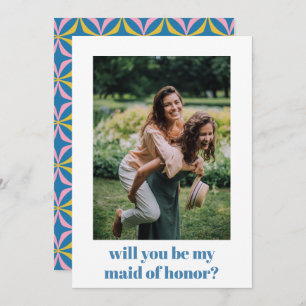 Fun Blue Retro Pattern Maid of Honour Proposal Card
