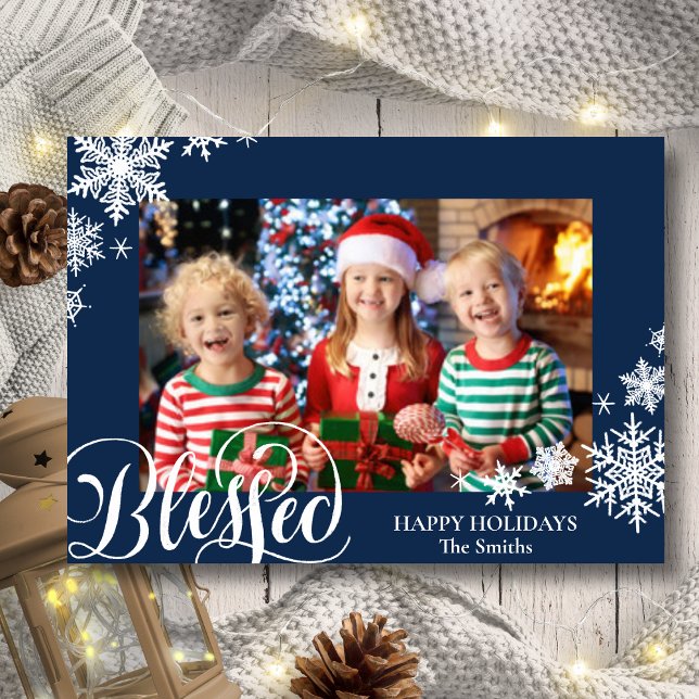 Fun Blue Snowflakes Modern Script Minimalist Photo Holiday Card (Creator Uploaded)