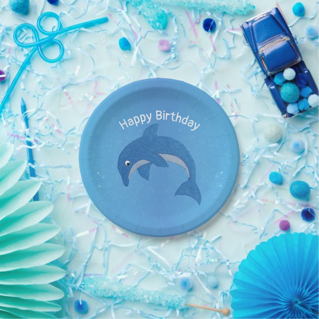 Fun Blue Sparkle Like Dolphin Jumping Birthday Paper Plate (Party)