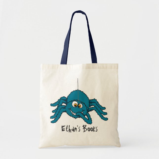 Fun blue spider kids named id library tote bag (Front)