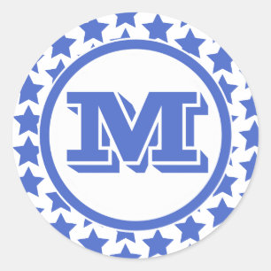 Fun Blue Stars Pattern & Monogram Classic Round Sticker