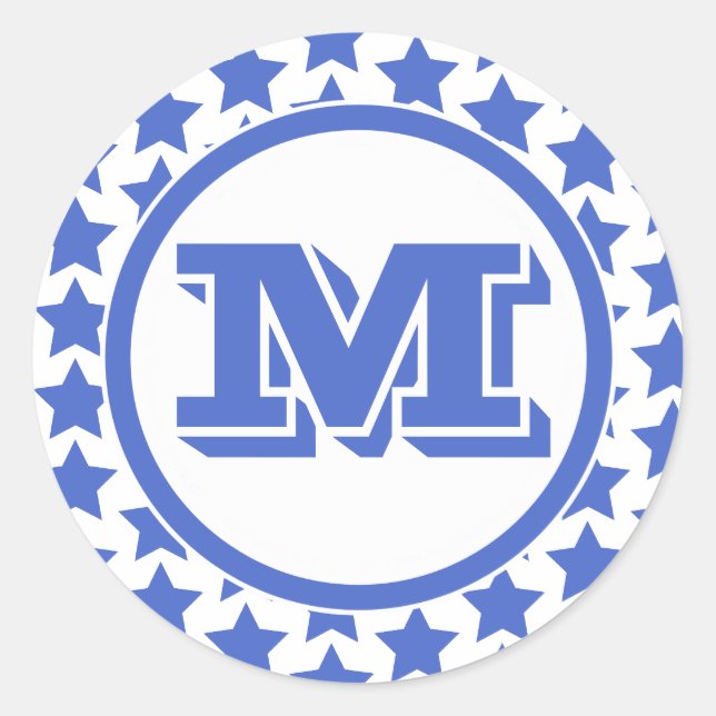 Fun Blue Stars Pattern & Monogram Classic Round Sticker (Front)