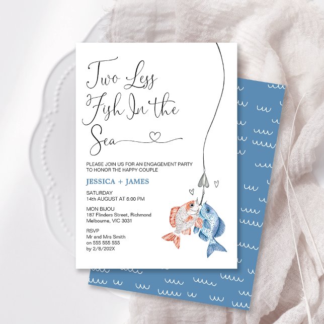Fun Blue Two Less Fish In The Sea Engagement  Invitation (Fun Two Less Fish In The Sea Engagement Invitation, Blue Fishing Themed Engagement Invitation  )