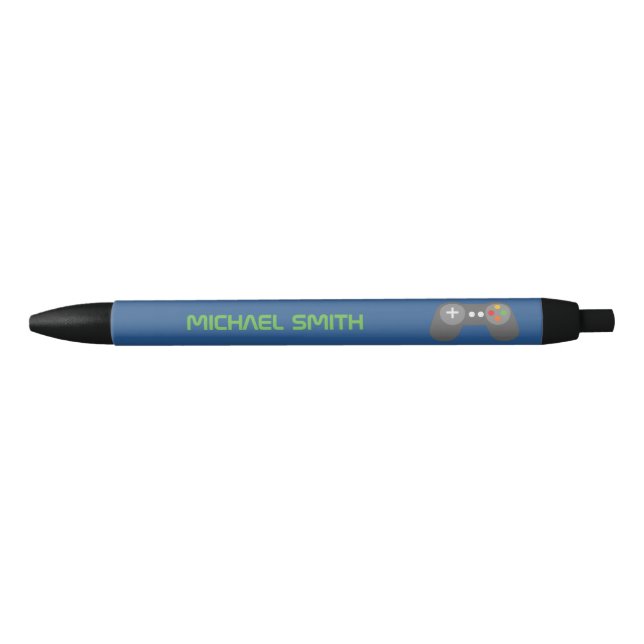 Fun Blue Video Game Themed Personalised Black Ink Pen (Front)