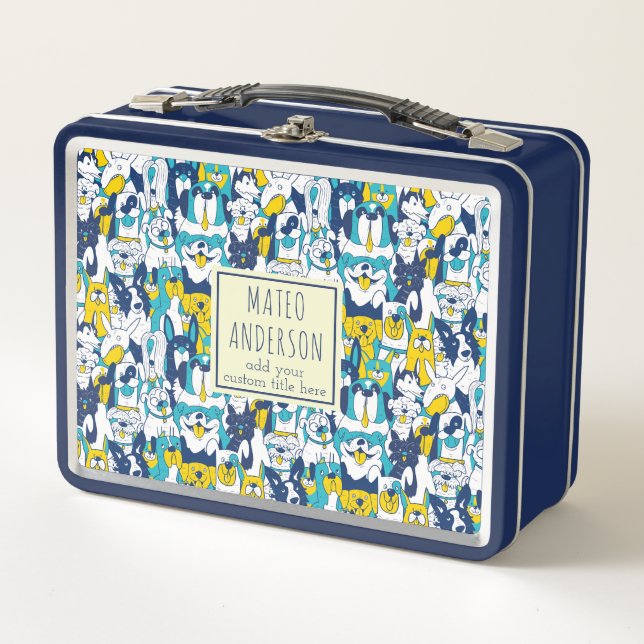 Fun Blue Yellow Dogs Pattern Personalised Name Metal Lunch Box (Front)
