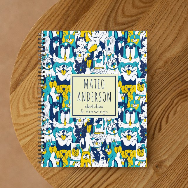 Fun Blue Yellow Dogs Pattern Personalised Name Notebook (Creator Uploaded)