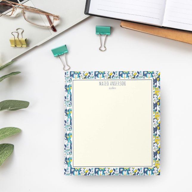 Fun Blue Yellow Dogs Pattern Personalised Name Notepad (Creator Uploaded)