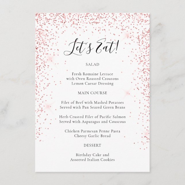 Fun Blush Pink Glitter Special Occasion Menu (Front)