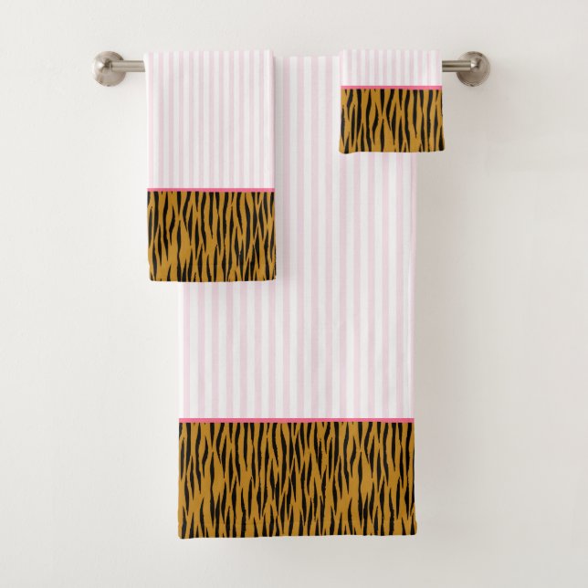 Fun Blush Pink Stripes & Tigerprint Bath Towel Set (Insitu)