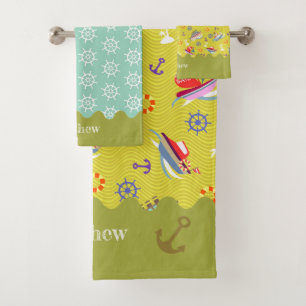 Fun Boats Green Teal Bath Towel Set