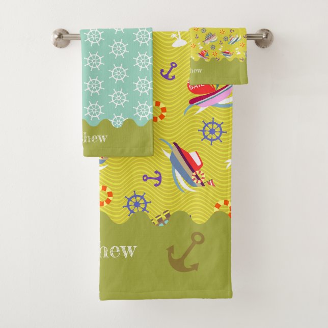 Fun Boats Green Teal  Bath Towel Set (Insitu)
