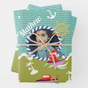 Fun Boats Photo Aqua Green Wrapping Paper Sheets
