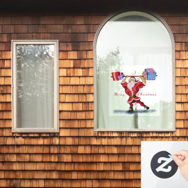 Fun Bodybuilder Santa Claus with Christmas Gifts (Home Window)