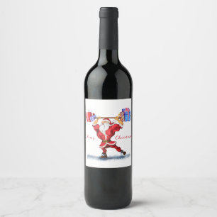 Fun Bodybuilder Santa Claus with Christmas Gifts Wine Label