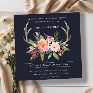 FUN BOHO NAVY BLUSH ANTLER FLORAL COUNTRY WEDDING INVITATION