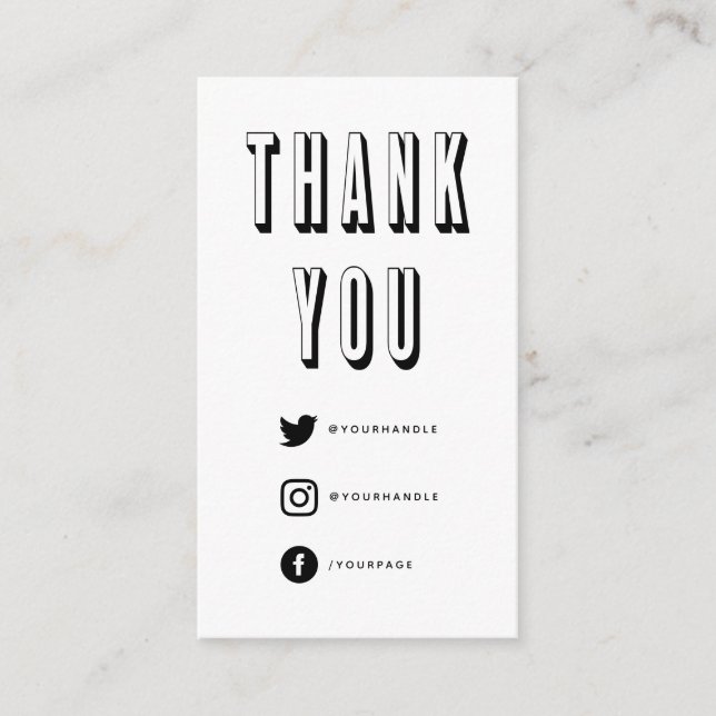 Fun bold 3D thank you white and black social media Enclosure Card (Front)