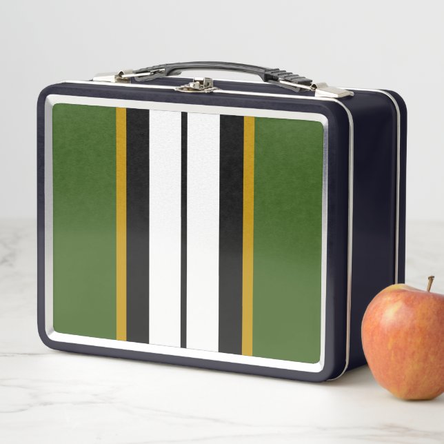 Fun Bold Black White Green Vertical Racing Stripes Metal Lunch Box (In Situ)