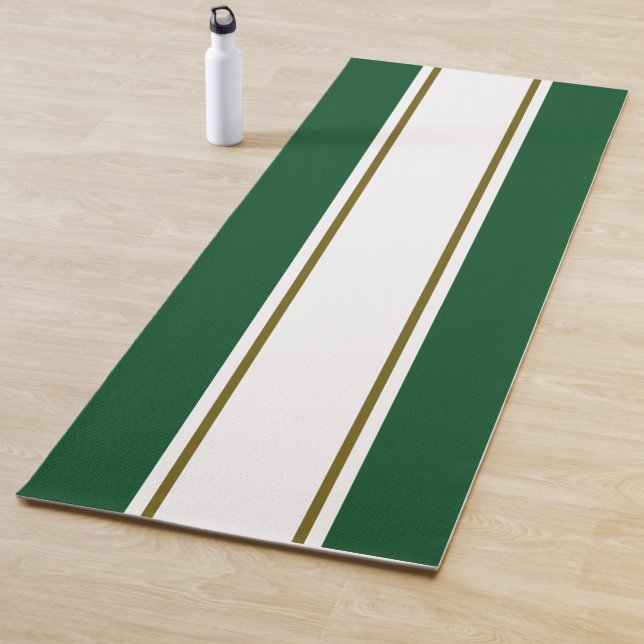 Fun Bold Green White Golden Olive Racing Stripes Yoga Mat (In Situ)