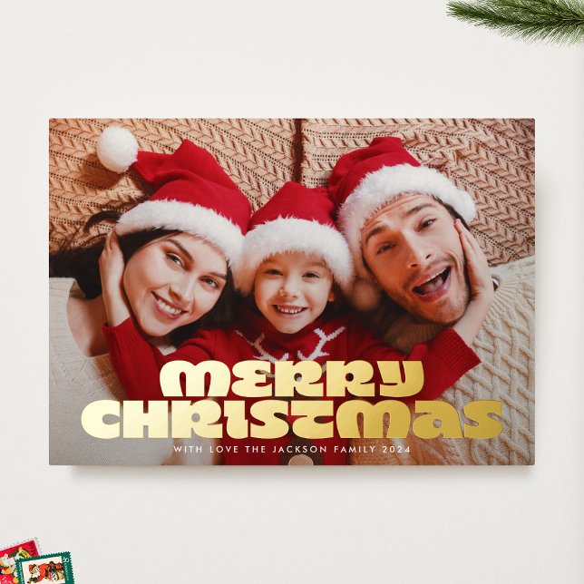 FUN & Bold Modern Gold Photo MERRY Christmas Foil Holiday Card (Creator Uploaded)