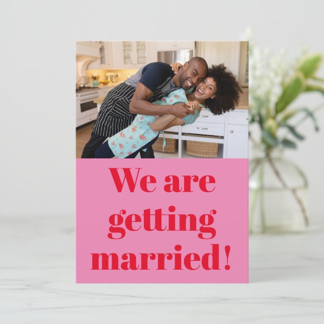 Fun Bold Modern Pink and Red Photo Wedding Save The Date (Standing Front)