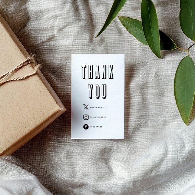 Fun bold thank you social media Enclosure Card (Modern white enclosure card, bold 3D style text that says "THANK YOU" and social media icons.)